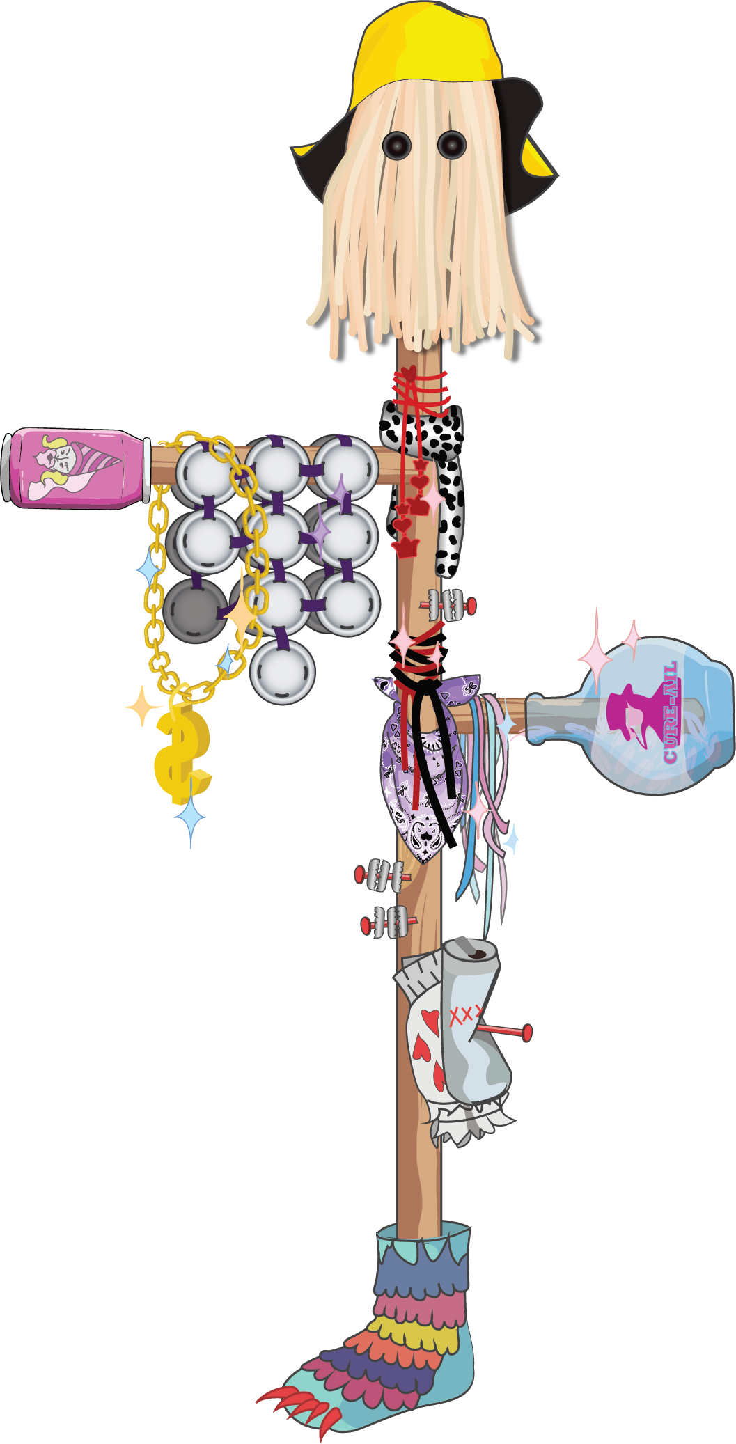 This is an isolated image of the Ugly Stick drawing I made for the Mummers Play poster. Entirely hand-drawn in illustrator, focused on including an aspect from each character's costume and story without masking the cultural function of the Ugly Stick as a noise-making device made out of 'whatever is available'